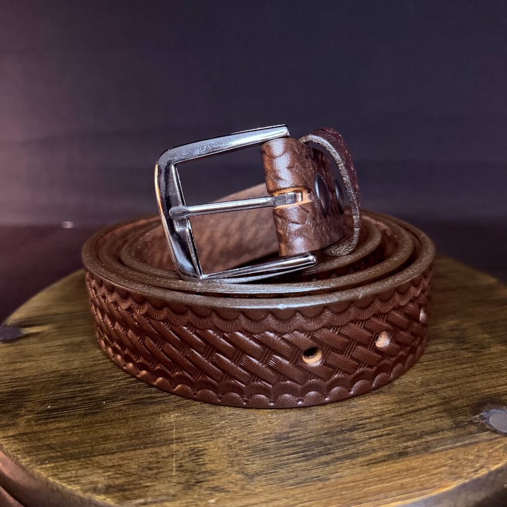 Boston Leather Off Duty Belt Size 44" Brown Basketweave Leather 1.5" Wide Nickel